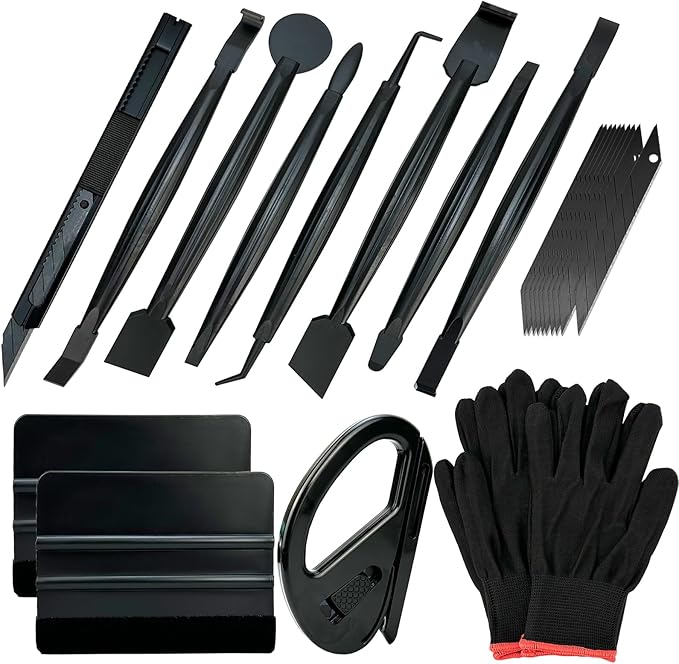 Umaki Automotive Vinyl Wraps Tools Tint Film Kit with 2 Pairs Vinyl Wrap Gloves, 4inch Felt Squeegee, Scraper, Edge Trimmer, Utility Film Knife, Black