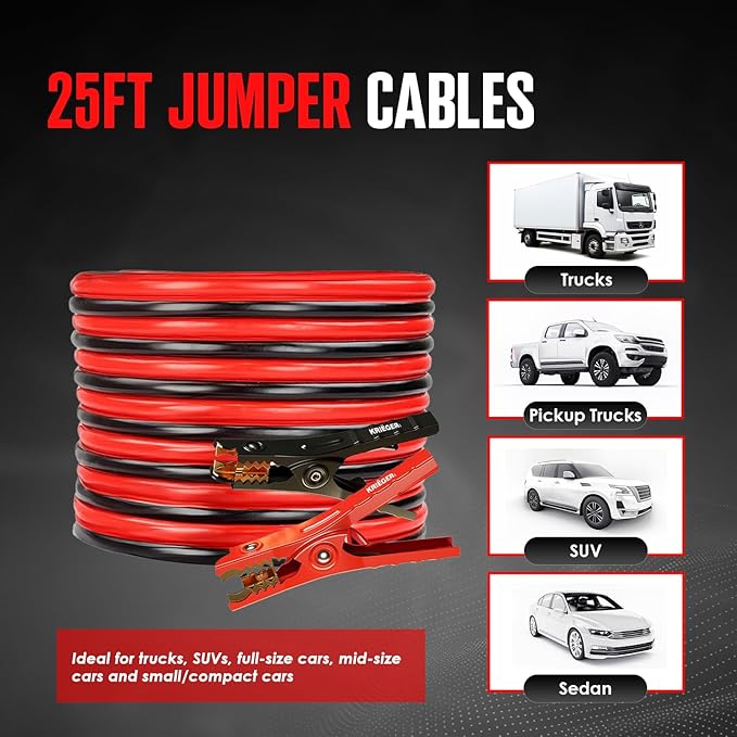 K KRIËGER Jumper Cables for Car Battery, Heavy Duty Automotive Booster Cables for Jump Starting Dead or Weak Batteries with Carrying Bag Included (25-Feet (2-Gauge)