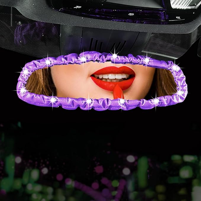 Dotesy 3 PCS Bling Rearview Mirror Cover, Elastic PU Leather Auto Rear View Mirror Protector with Butterfly Car Interior Accessories Universal for Car, SUV, VAN (Purple)