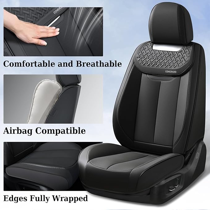 Coverado Car Seat Covers Full Set, Luxury Nappa Leather Seat Cover, Universal Seat Covers for Cars, Front and Back Waterproof
