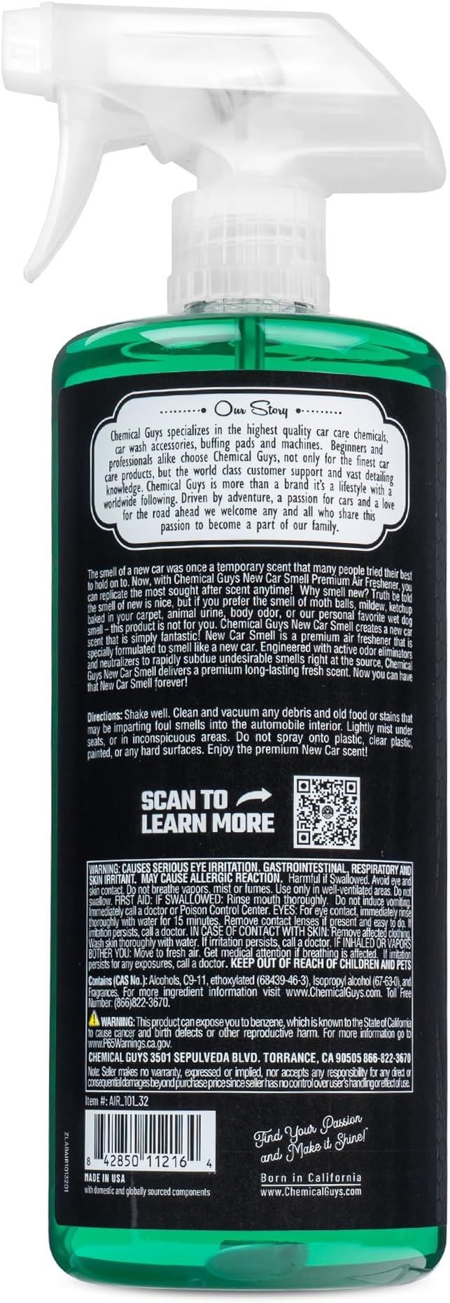 Chemical Guys New Car Smell Premium Air Freshener & Odor Eliminator - Fresh Interior Scent Spray for Cars, Trucks, SUVs, RVs,