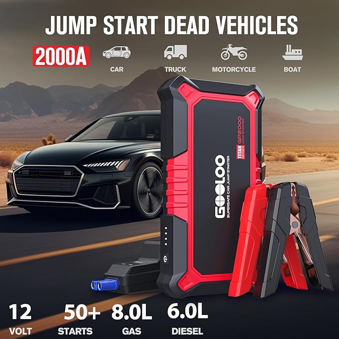 GOOLOO New GP2000 Jump Starter, 12V 2000A Car Jumper Starter(Up to 8.0L Gas, 6.0L Diesel Engines), SuperSafe Portable
