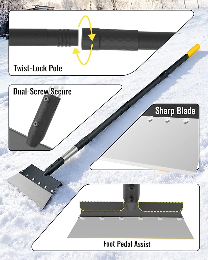 Flat Shovel, 60 inch Ice Scraper, Snow Shovel, Floor Scraper with Adjustable Long Handle, Heavy Duty Ice Chopper, Multifunctional Weed Removal Tool for Driveway, Walkway, Garden and Outdoor Cleaning
