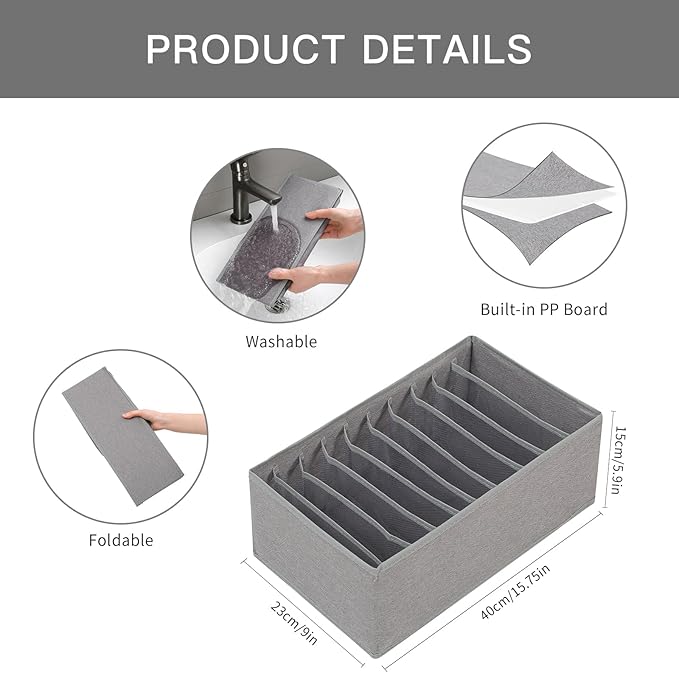 Qozary 4 Pack Drawer Organizers for Clothing, 10 Grids Foldable Dresser Drawer Organizers, Clothes Organizer for Folded Cloth