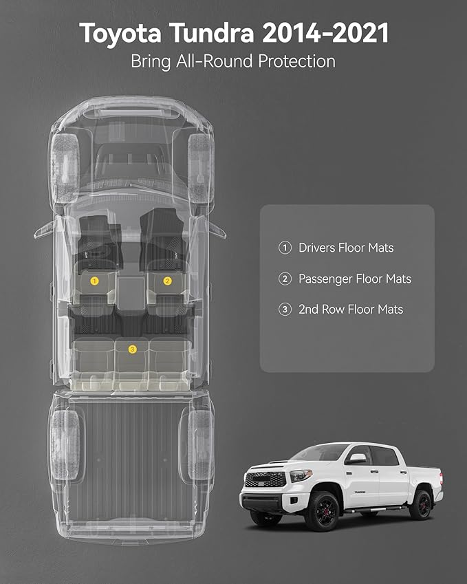 3W Floor Mats Fit for Toyota Tundra 2014-2021 (Only for CrewMax Cab), TPE All Weather Custom Fit Floor Liner for Tundra Accessories SR5/TRD/Limited 1st and 2nd Row Full Set Car Mats Easy Clean, Black