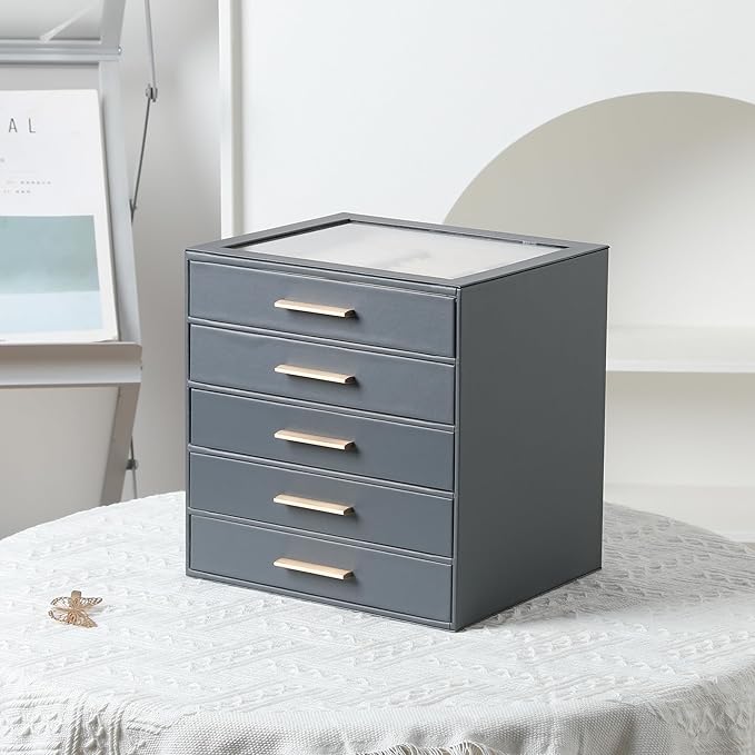 Frebeauty Clear Lid Jewelry Box,5-Layer Jewelry Organizer with Drawer,PU Leather Jewelry Organizers and Storage,Jewelry Boxes
