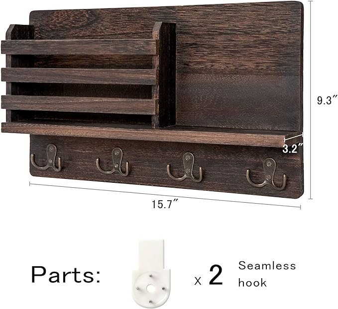 Dahey Wall Mounted Mail Holder Wooden Key Holder Rack Mail Sorter Organizer with 4 Double Key Hooks and A Floating Shelf Farm