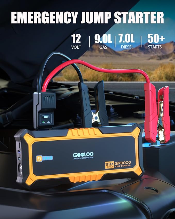 GOOLOO GP3000 3000A Jump Starter,12V Car Battery Jump Starter for up to 9.0L Gas Engines & 7.0L Diesel, Supersafe Lithium