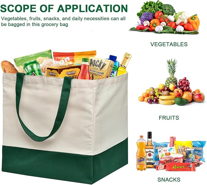 3 Pcs Reusable Grocery Bags - Heavy Duty Canvas Bag, 8.3 gal Foldable Large Canvas Tote Bag with Handles, Holds 60 lbs Tote Shopping Bags,100% Cotton（Retro Green）
