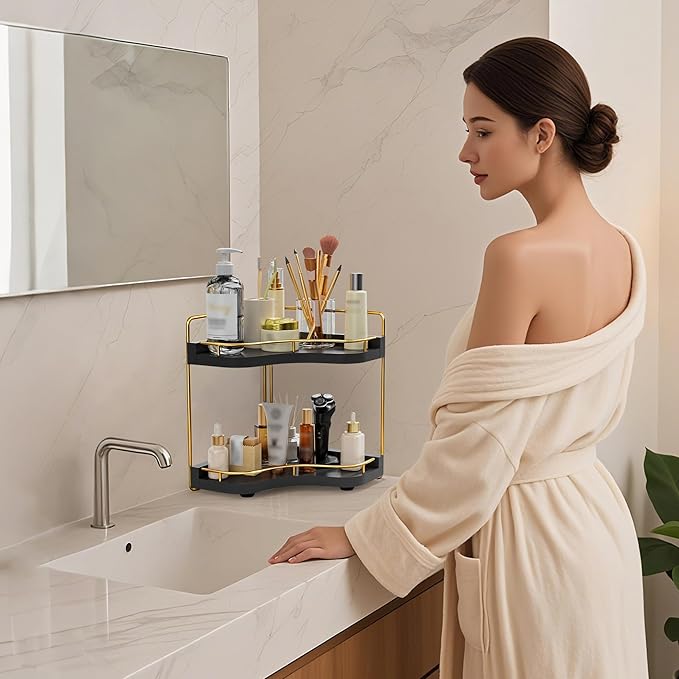 2-Tier Corner Bathroom Counter Organizer with Embedded Screw Holes, Secure & Stable Wood Vanity Shelf for Makeup and Skincare