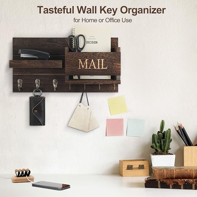Lwenki Mail Organizer for Wall Mount – Key Holder with Shelf Includes Letter Holder and Hooks for Hallway Farmhouse Decor – R