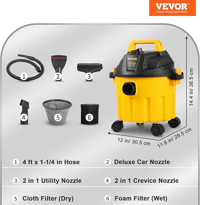 VEVOR 2.6 Gallon 2.5 Peak HP Wet and Dry Shop Vac， Portable Shop Vacuum and Blower 3-in-1 with Filter, Hose and Attachments f