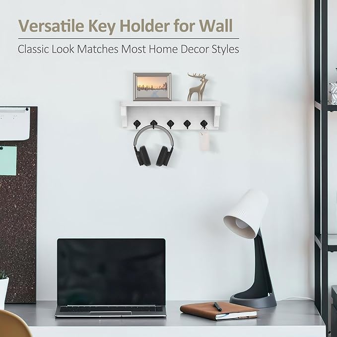 Nekon Key Holder for Wall, 11.8" W x 3.5" H x 2.8" D Decorative Key Organizer with Floating Shelf, Wall Mount Key Rack with 5