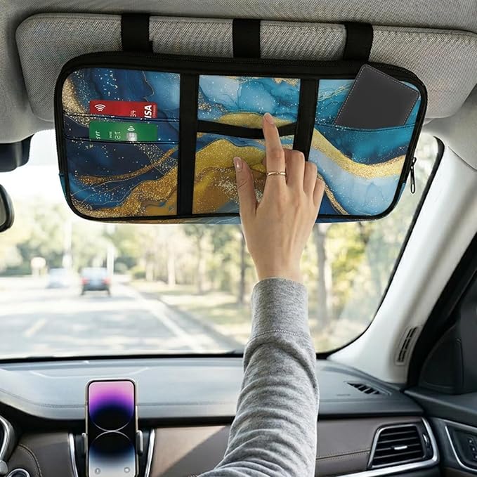 Blue-Gold Zippered Car Sun Visor Organizer Compact All-Inclusive with Straps and Pockets Sun Visor Glasses Storage Box with Picture Holder Easy Installation Universal Fit for Most Cars SUV