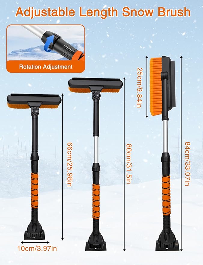 33 Inch Ice Scrapers for Car Windshield, 3 in 1 Extendable Snow Brush, Snow Scraper for Car with Foam Grip and 270° Pivoting Brush Head, Silicone Squeegee for Sedan SUV Truck RV