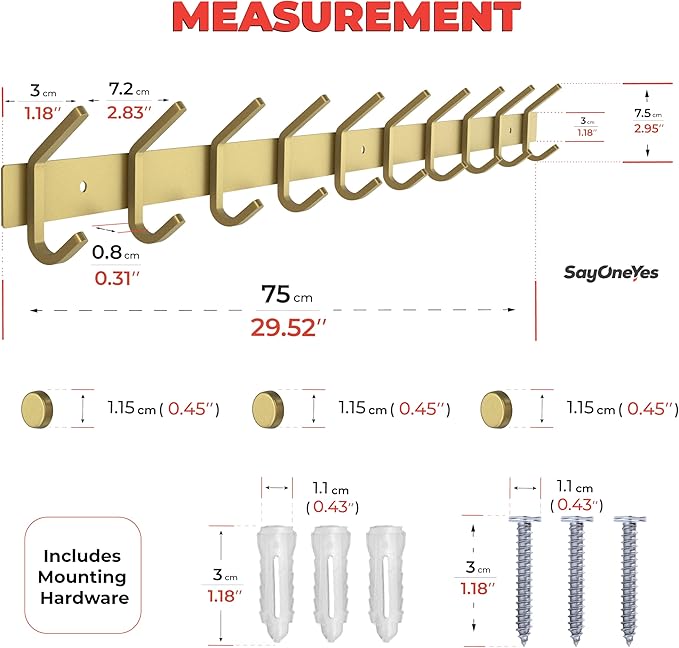 Brushed Gold Wall Mounted Coat Rack – 30 Inch Stainless Steel Rail with 10 Double Coat Hooks for Entryway, Bathroom, Bedroom,