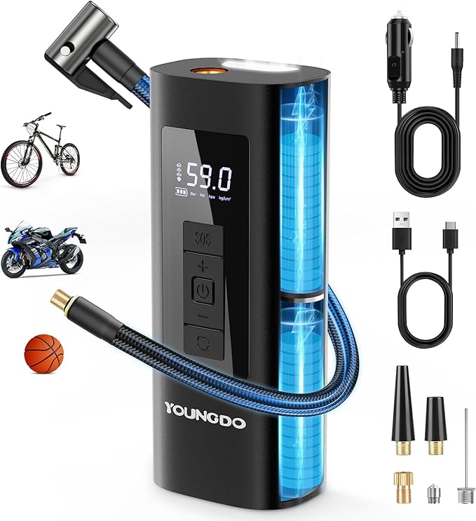 YOUNGDO Tire Inflator Portable Air Compressor, 150 PSI Air Pump with Pressure Gauge and LED Light for Car, Motorcycle, Bike and Balls