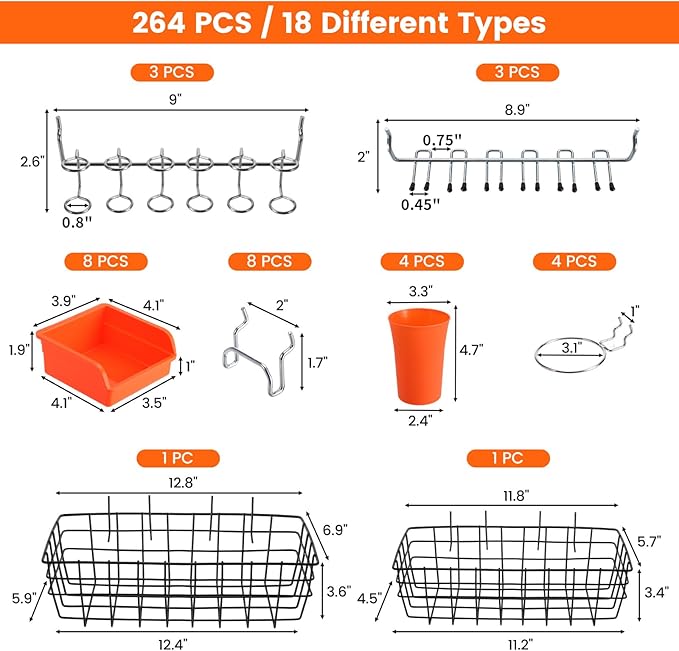ENJOYWOOD Pegboard Organizer Accessories Kit 264 PCS, Peg Board Hooks Assortment with Bins, Cups, Baskets for 1/4in Pegboard 