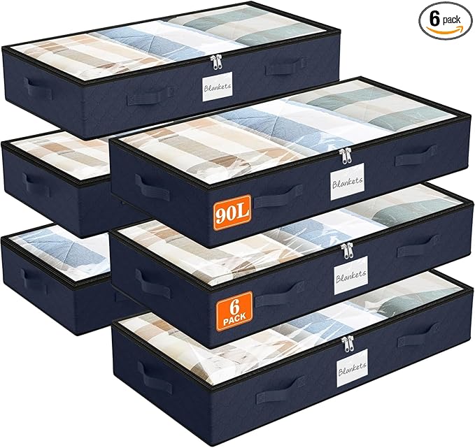 SpaceWhisper 90L Under Bed Storage Containers, 6-Pack Storage Bins with Clear Top, Foldable Closet Organizers and Storage wit