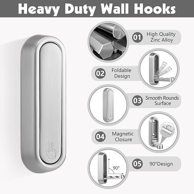 Dntorx Folding Coat Hooks, 4 Pcs Foldable Silver Wall Hooks Heavy Duty Foldable Hook Bathroom Towel Hooks Robe Hooks Wall Mou