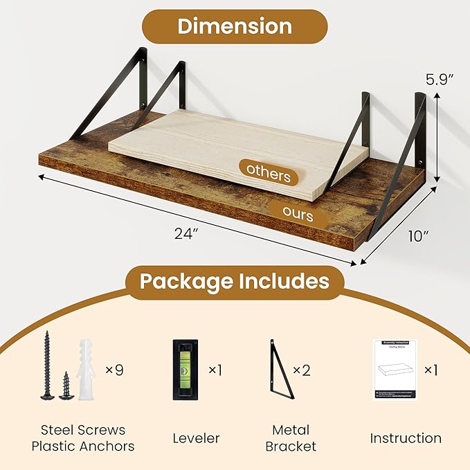 Deep Floating Shelves,24" Wx10 D Floating Shelf for Wall Set of 2,Hanging Storage Shelf with Metal Brackets,Wide Display Wall
