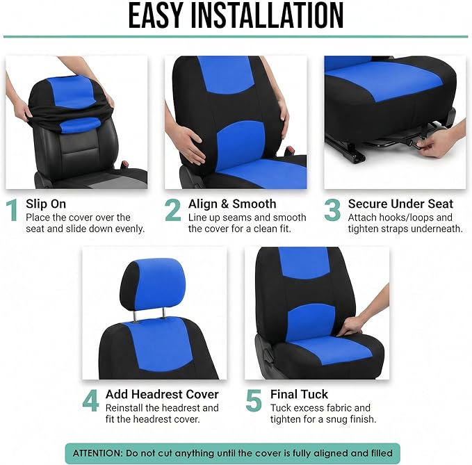 FH Group Flat Cloth Full Set Car Seat Covers Three Row 7 Seater - Universal Fit for Cars, Trucks & SUVs Blue