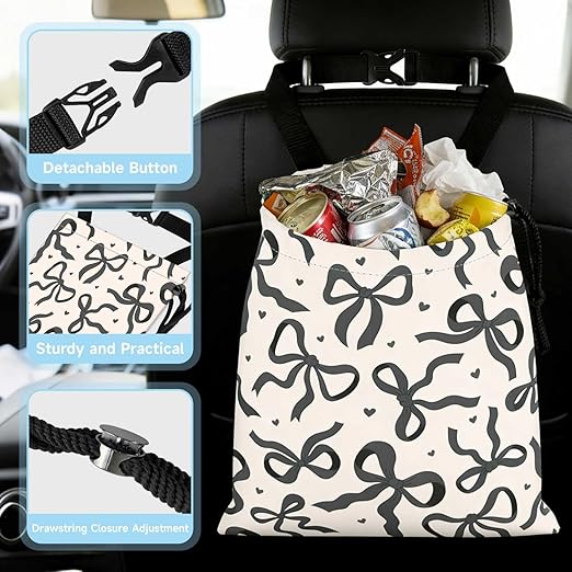 Black Bow Car Trash Bag - Waterproof Car Trash Bag Hanging Leakproof Car Garbage Bag - Washable Reusable Trash Bag for Car Interior Hanging Organizer Storage Vehicle Travelling Camping