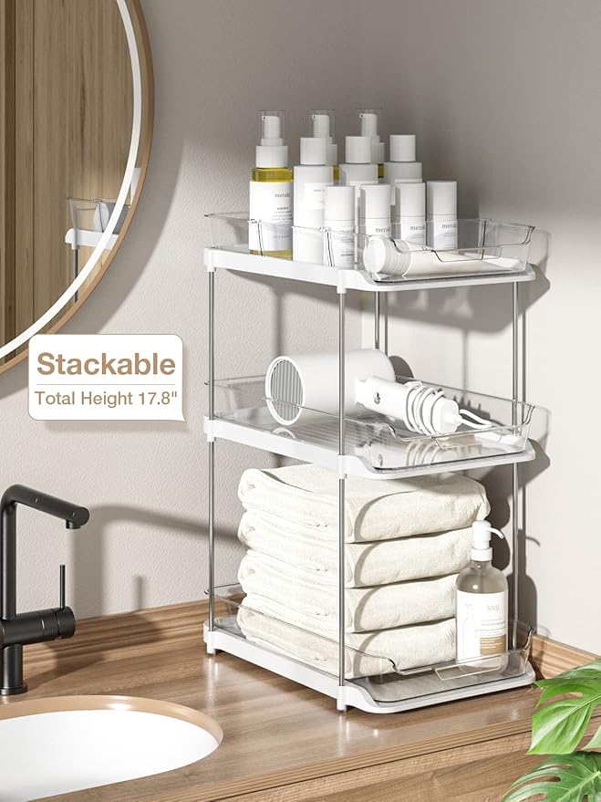 Delamu 2 Sets of 2-Tier Multi-Purpose Bathroom Under Sink Organizers and Storage and 2 Sets of 3-Tier Bathroom Under Sink Org