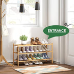 kiplant Long Shoe Rack, Bamboo Wood 3-Tier Shoe Rack for Entryway, Stackable | Foldable | Natural, Shoe Organizer for Hallway