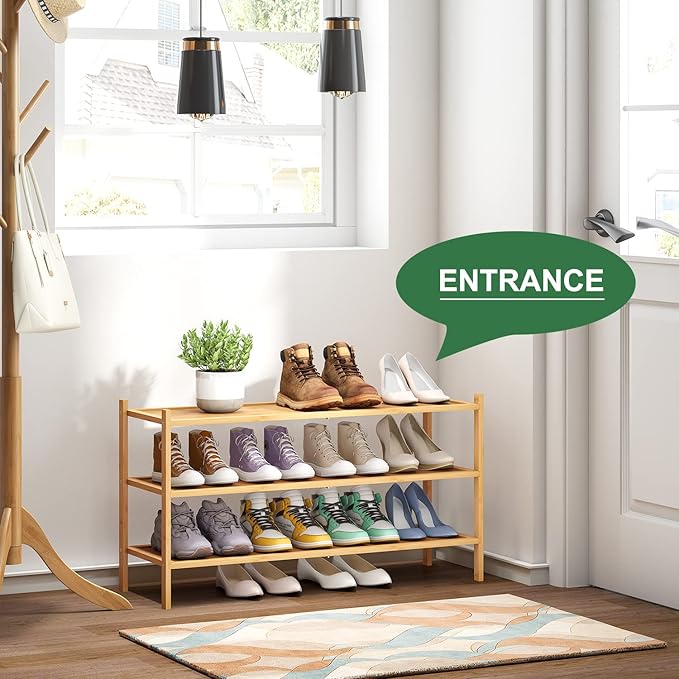 kiplant Long Shoe Rack, Bamboo Wood 3-Tier Shoe Rack for Entryway, Stackable | Foldable | Natural, Shoe Organizer for Hallway