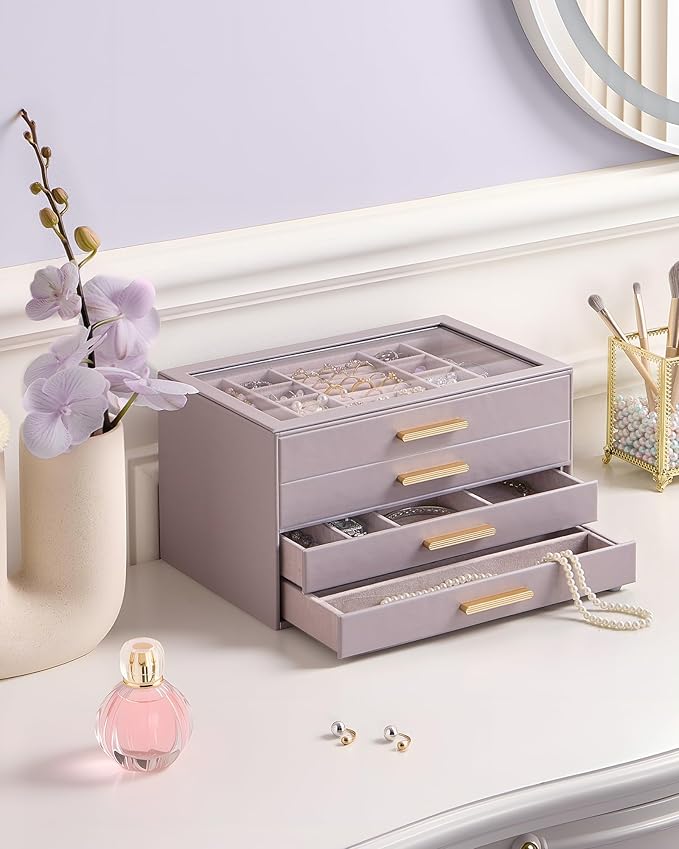 Lolalet Jewelry Box Organizer, 4-Layer Jewelry Organizers and Storage Case with Glass Lid, Ring Earring Bracelet Necklace Hol