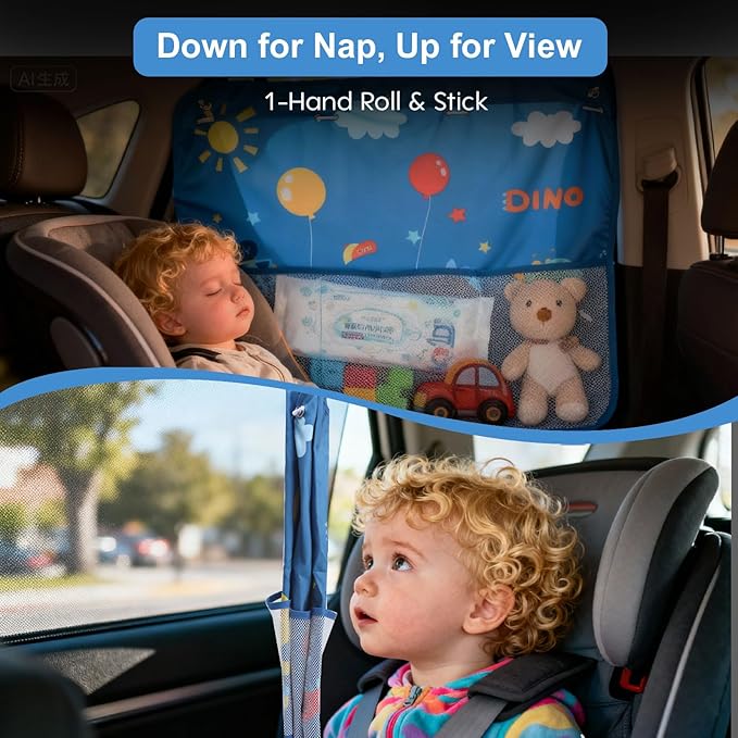 2 Pack Baby Car Sun Shade Side Window (26.8"×19.7"),Dinosaur/Animal Cartoon, Strong Suction Cups UV Heat Protection Sun Block Covers