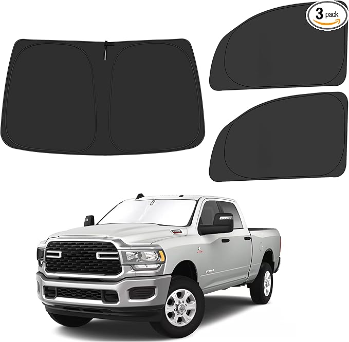 Front Windshield ＆ Side Window Sun Shade for 2010-2025 Dodge RAM 2500 3500 QuadCab CrewCab MegaCab 4Door, Foldable Window Sunshade Sun Visor Protector Sun Shield Block UV Rays Heat, Pack of 3