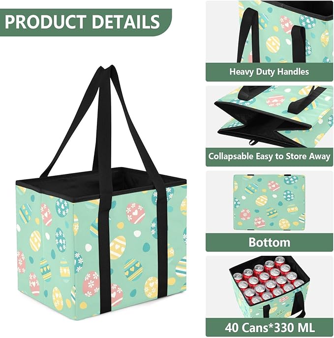 Easter Eggs Reusable Grocery Bags Large Shopping Tote Bag with Reinforced Bottom Board, Water Resistant Foldable Storage Bags