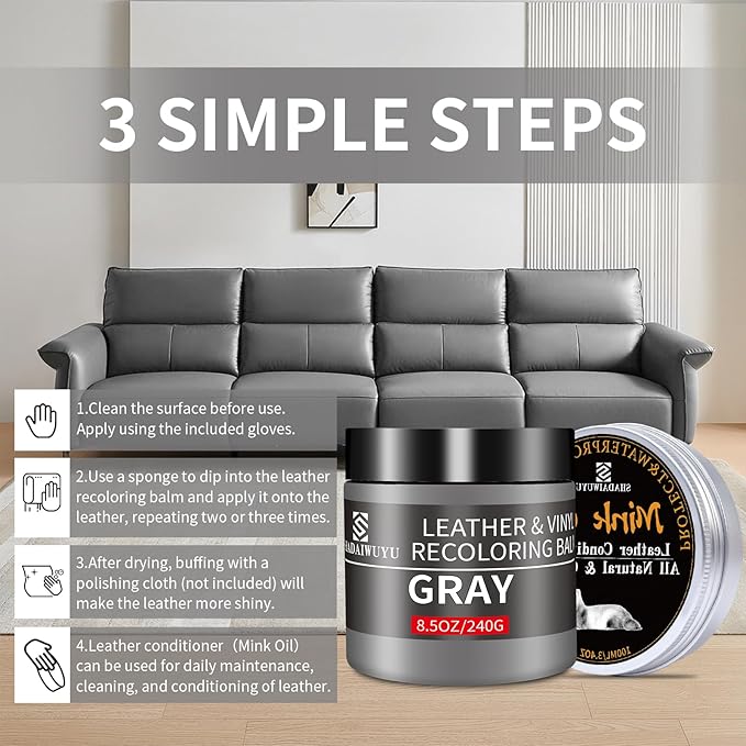 8.5oz Leather Recoloring Balm with 100ml Mink Oil,Gray Leather Repair kit for Furniture and Car Interior,Leather Couch Scratc