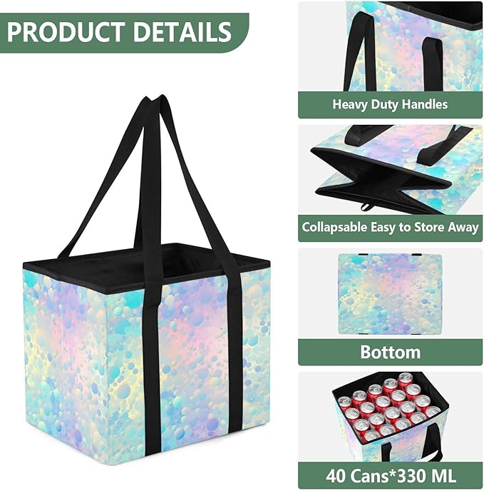Pastel Rainbow Reusable Grocery Bags Large Shopping Tote Bag with Reinforced Bottom Board, Water Resistant Foldable Storage B