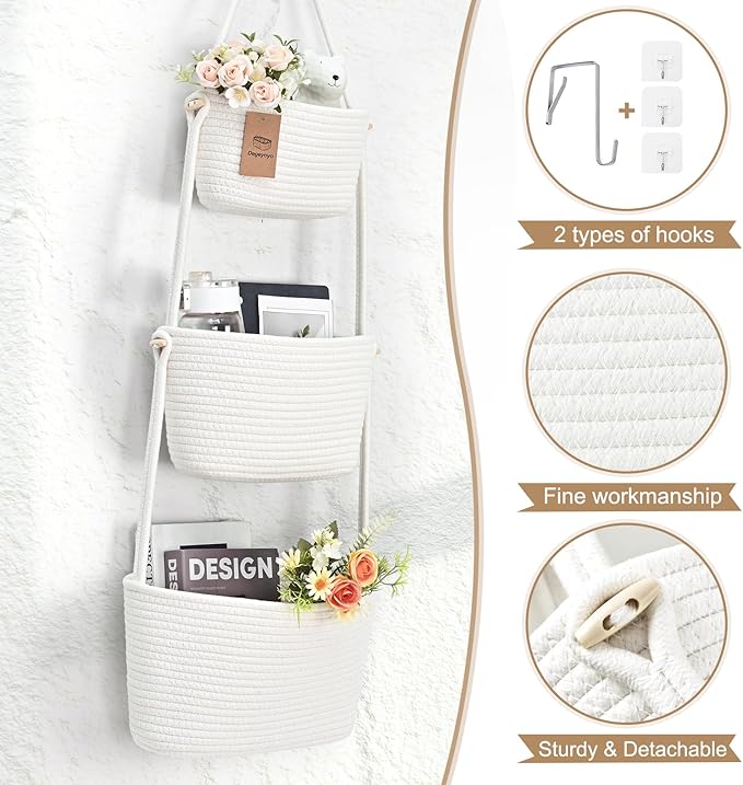 Hanging Storage Baskets, Over the Door Basket, Cotton Wall Baskets Storage, Hanging Door Basket with 4 Hooks