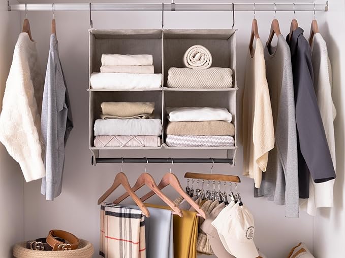 StorageWorks Hanging Closet Organizer with Metal Rod, 4-Section Closet Organizers and Storage, Collapsible Hanging Shelves fo