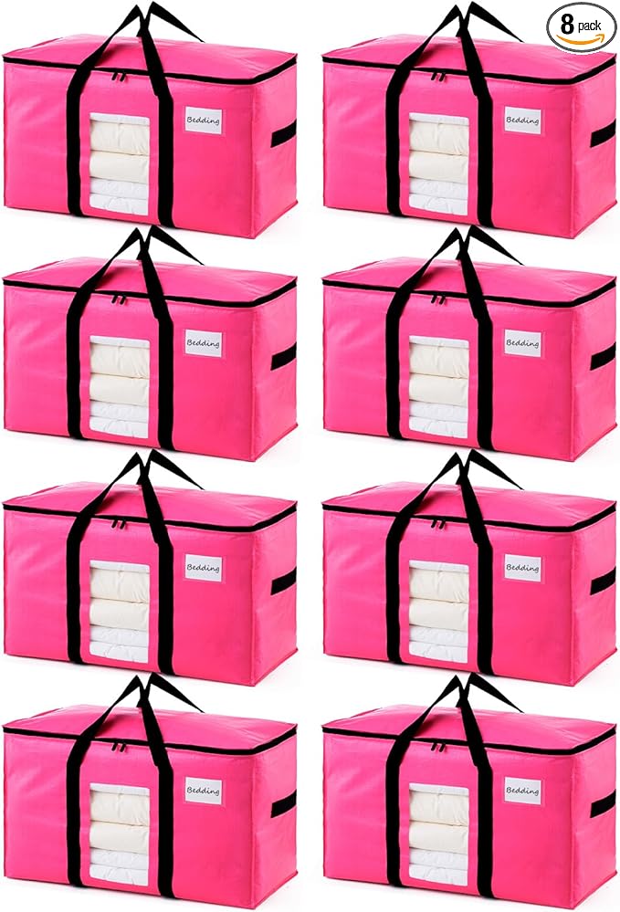TAILI 8 Pack Pink Extra Large Moving Bags, Heavy Duty Totes with Visible Window, Wrap Around Handles, Space-Saving Storage, A