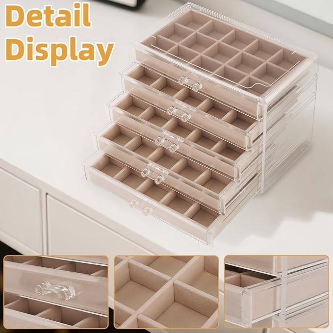 FEISCON Jewelry Box Organizer，Acrylic Storage Organizer with 5 Drawers Adjustable Velvet Trays grid size Jewelry Storage Box 