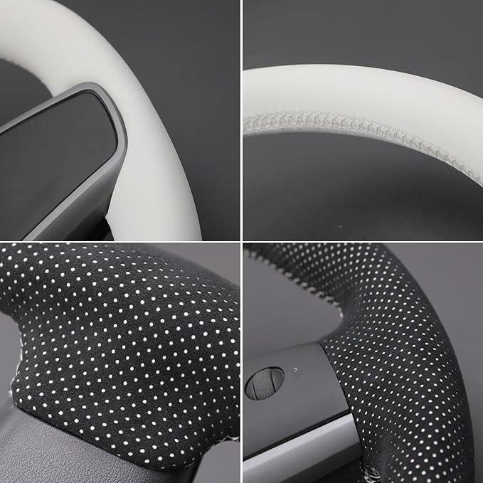 MEWANT Hand Stitched White Leather Tesla Model 3 Steering Wheel Cover for Tesla Model 3 2017-2023 / Model Y 2020-2023 for Tesla Model 3/Y Accessories