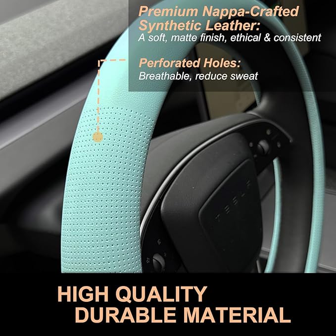 PINCTROT Nappa Leather Steering Wheel Cover for Tesla Model Y/3 Highland/Juniper, D Shaped 14 Inch Small Sized with Breathabl