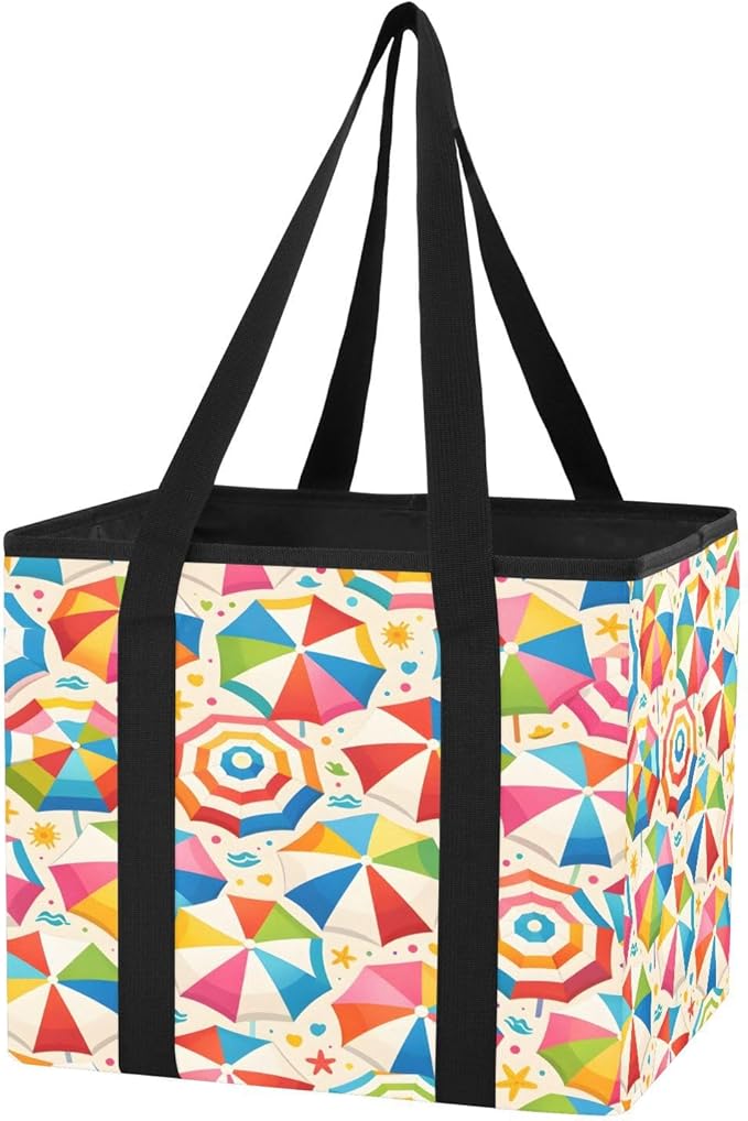 Colourful Beach Umbrellas Reusable Grocery Bags Large Shopping Tote Bag with Reinforced Bottom Board, Water Resistant Foldabl