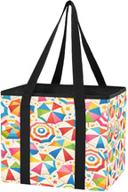Colourful Beach Umbrellas Reusable Grocery Bags Large Shopping Tote Bag with Reinforced Bottom Board, Water Resistant Foldabl