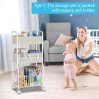 3-tier Baby Diaper Caddy Organizer and Storage Cart with 4+3 Dividers, Metal Utility Cart with Lockable Wheels for Nursery, B