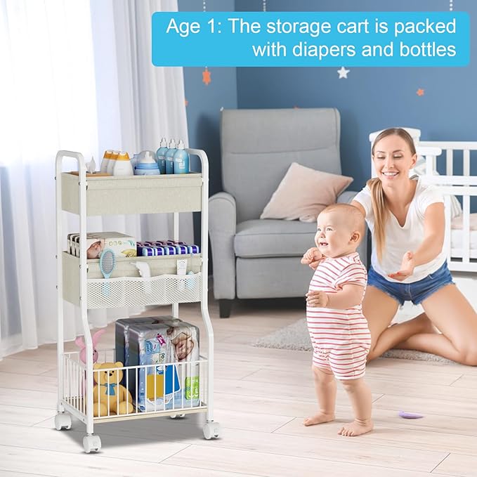 3-tier Baby Diaper Caddy Organizer and Storage Cart with 4+3 Dividers, Metal Utility Cart with Lockable Wheels for Nursery, B