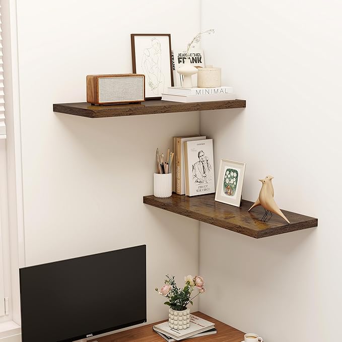 Dreamland 32" Floating Shelves for Wall, 12" Deep Slim Rustic Brown Floating Shelves, Wall-Mounted Shelves for Bedroom, Livin
