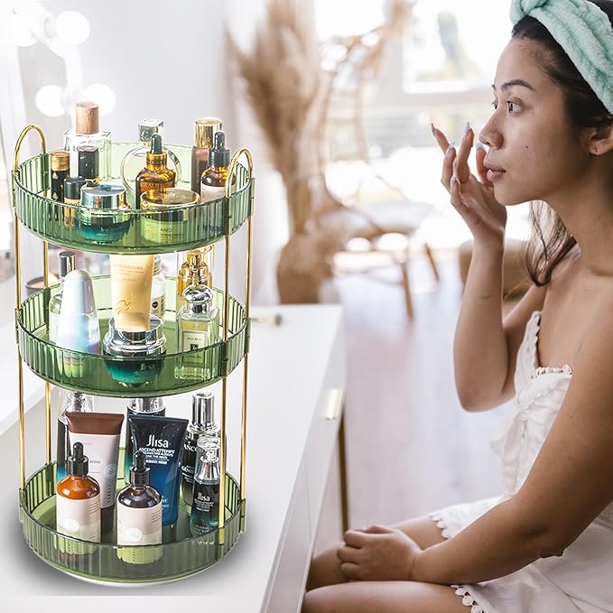 Rotating Makeup Organizer Countertop 3 Tier Lazy Susan Trays Clear Skincare Perfume Storage for Bathroom Counter Vanity, Gree