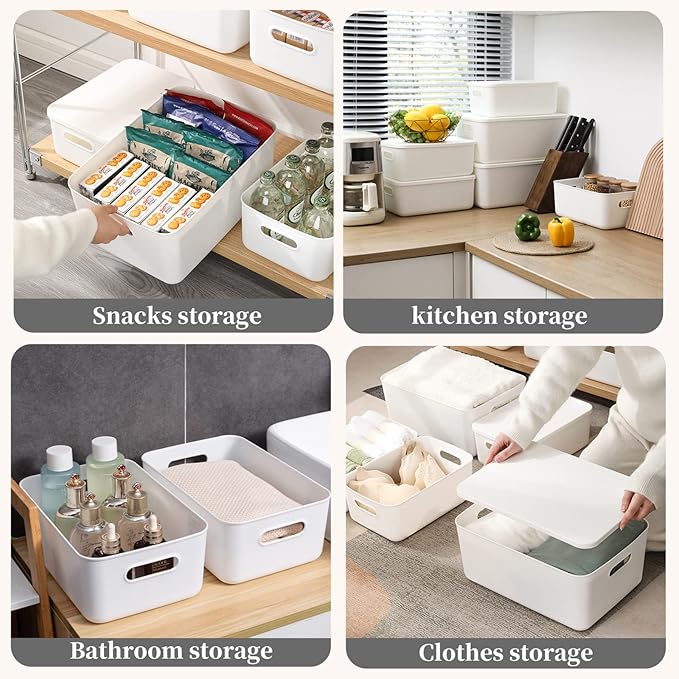 Yishyfier Plastic Storage Baskets Bins Boxes With Lids,Organizing Container White Storage Organizer Bins For Shelves Drawers 