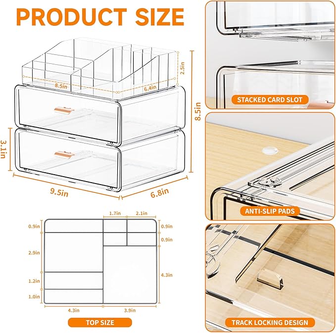 Yieach Clear Acrylic Makeup Organizers Countertop for Dresser,Desk,Bathroom Vanity,3 Tier Stackable Make up Holders and Makeu